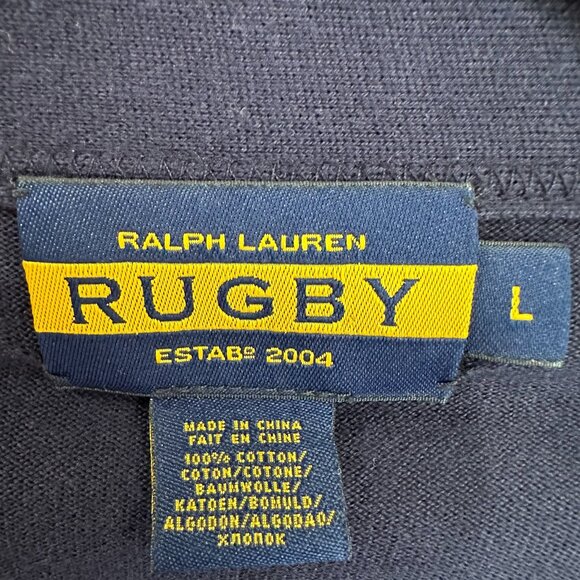Ralph Lauren Rugby navy cotton cardigan double white stripe on sleeve Sz L - Picture 2 of 8